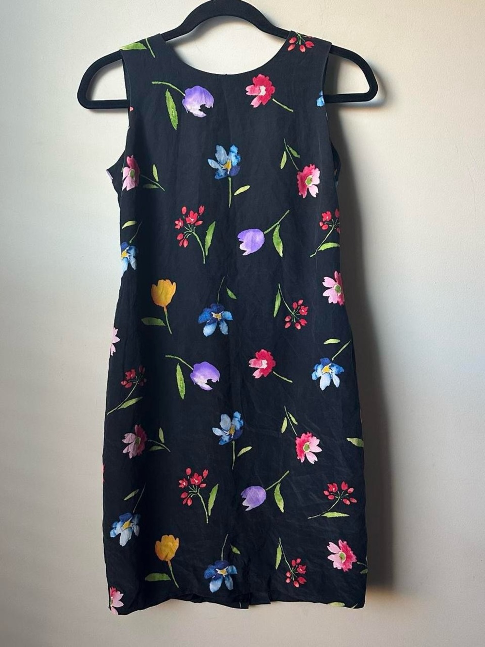Talbots 100% Silk Dress Sz 2P Black Floral Watercolor Sleeveless Sheath LBD